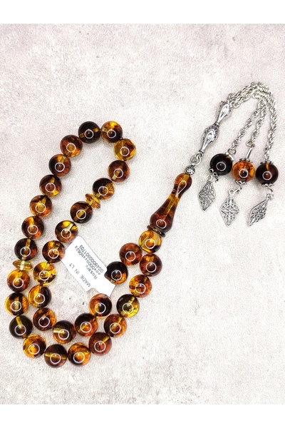 ŞAHBEY TESBİH Fosilli Baltık Damla Kehribar Tesbih / 925 Ayar Gümüş Püskül / Premium Kişiye Özel Kutulu