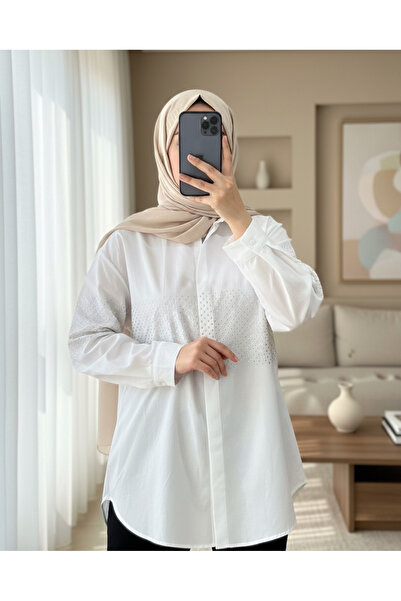 Modamorfo Πουκάμισο Ποπλίνα με Πέτρες στο Μπροστινό Μέρος -Λευκό