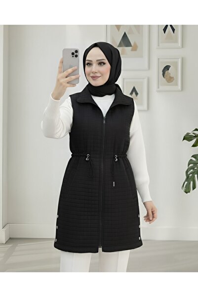 Modamorfo Γιλέκο με κορδόνια στο λαιμό, ελαστική μέση, καπιτονέ με τσέπες - Μαύρο