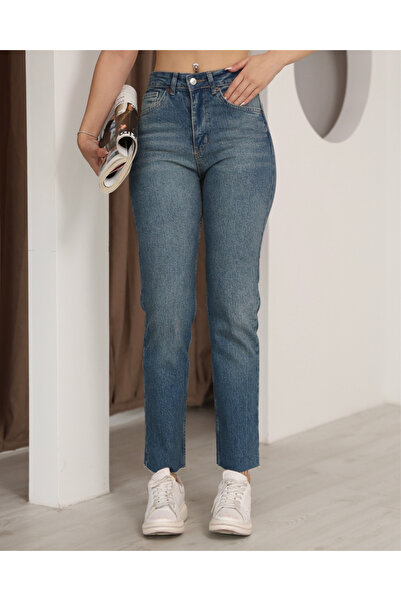 deqfashion Kadın Koyu Mavi Tint Yıkamalı Yüksek Bel Paçası Kesik Boyfit Jean