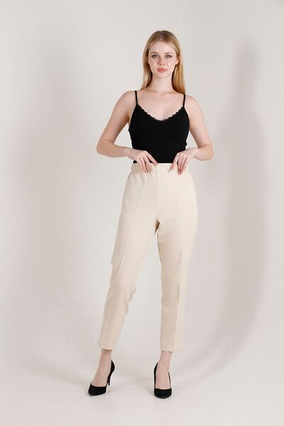 Balenbi High Waist Lycra Beige Women's Trousers - Oversize, Carrot Leg