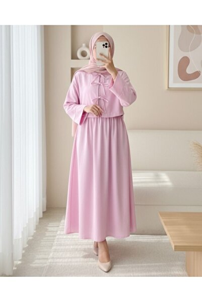 Modamorfo Linen Suit with Lace-Up Front and Elastic Waist Skirt - Powder