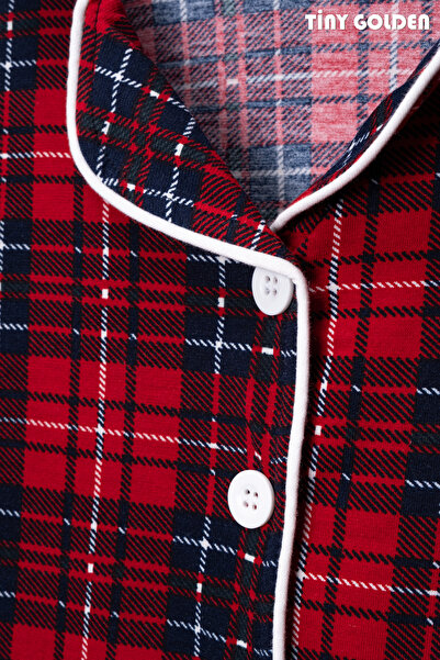 TİNY GOLDEN Unisex Children's Cotton Fabric Red Plaid Patterned Shirt Collar Buttoned Long Sleeve Pajama Set