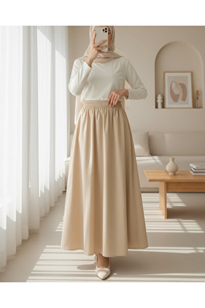 Modamorfo Elastic Waist Double Pocket Poplin Flared Skirt - Salmon