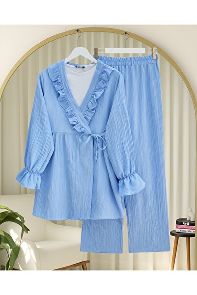 Modamorfo Lace-Up Crinkle Kimono Set with Elastic Sleeves and Ruffles on the Front - Blue