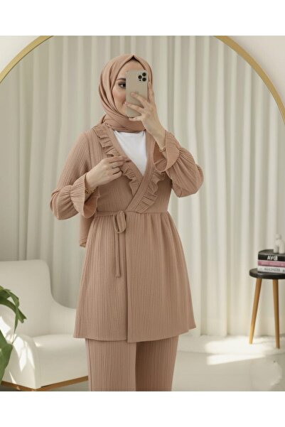 Modamorfo Elastic Sleeve, Ruffled Front, Lace-Up Crinkle Kimono Set - Salmon