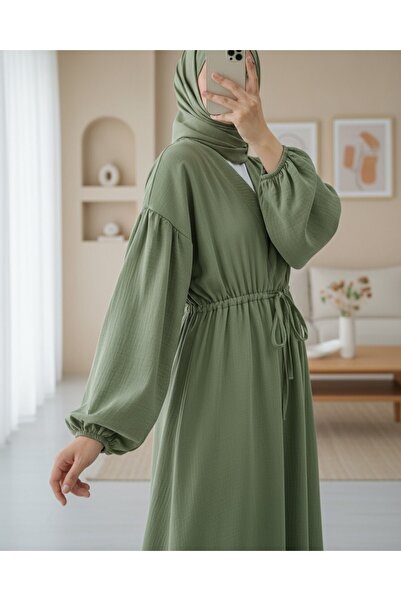 Modamorfo Φόρεμα μουσελίνας με γιακά δεμένο μανίκι και ελαστική μέση - Πράσινο