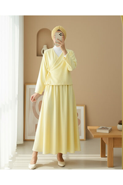 Modamorfo Yandan Bağlamalı Etekli Keten Takım -Sarı