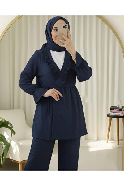 Modamorfo Elastic Sleeve, Ruffled Front, Lace-Up Crinkle Kimono Set - Navy