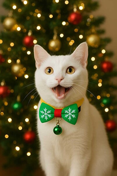 MIT Kedi Boyun Tasması Papyonlu Sarı Yılbaşı Çift Zilli