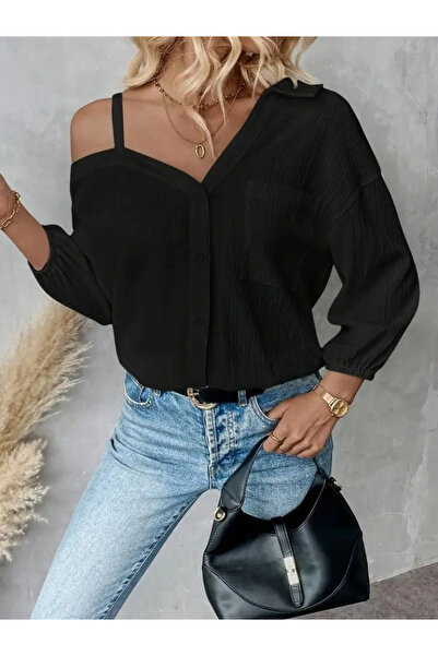 Genel Markalar Kadın Tek Omuzdan Açık Askılı Uzun Kollu Yakalı önden Düğmeli Gömlek