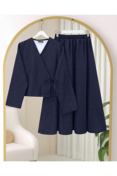 Modamorfo Linen Suit with Lace-Up Front Skirt - Navy