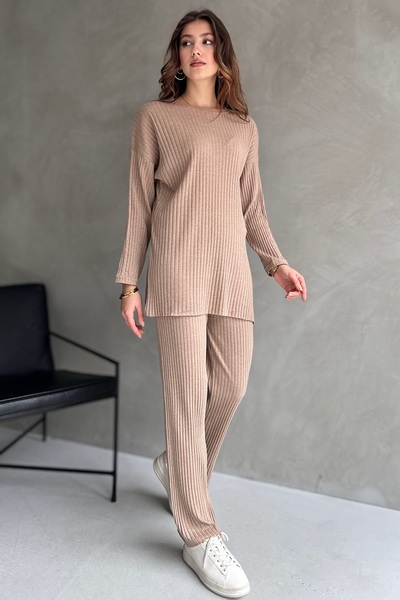 EYYE Kő színű pamut bordázott női blúz nadrág kétrészes szett