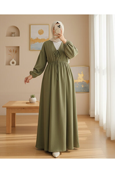 Modamorfo Φόρεμα μουσελίνας με δετό γιακά, μανίκια και ελαστική μέση -χακί