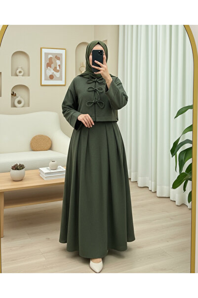 Modamorfo Lace-Up Front Skirted Cashmere Suit - Khaki