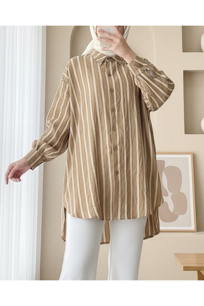 Modamorfo Boydan Düğmeli Arkası Uzun Çizgili Gömlek -Vizon