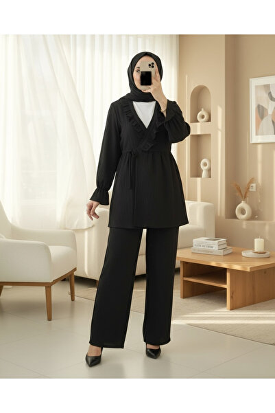 Modamorfo Elastic Sleeve, Ruffled Front, Lace-Up Crinkle Kimono Set - Black