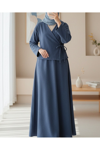 Modamorfo Cashmere Kimono Set with Tie-Front Skirt - Indigo