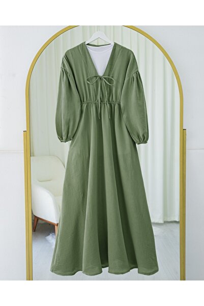 Modamorfo Φόρεμα μουσελίνας με γιακά δεμένο μανίκι και ελαστική μέση - Πράσινο