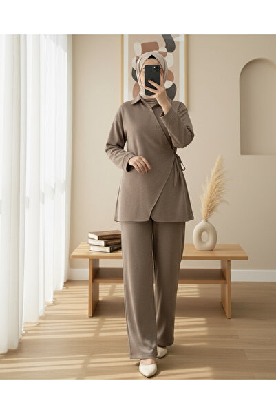 Modamorfo Cross Buttoned Side Tie Wool Effect Suit - Light Brown