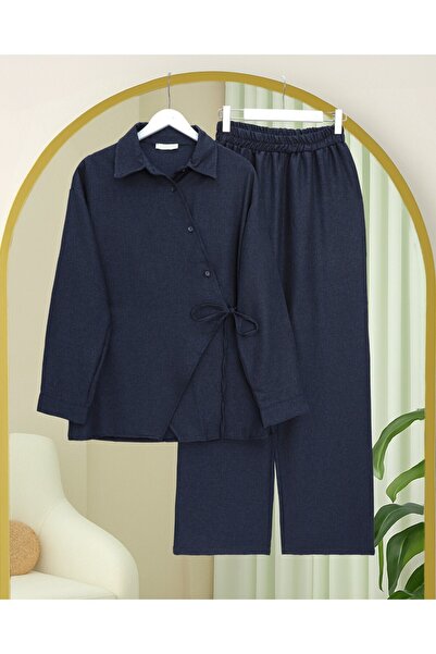 Modamorfo Cross Buttoned Side Tie Wool Effect Suit - Navy