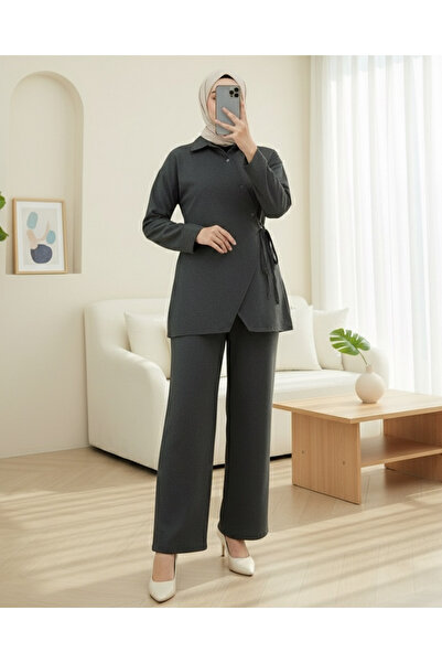 Modamorfo Cross Buttoned Side Tie Wool Effect Suit - Anthracite