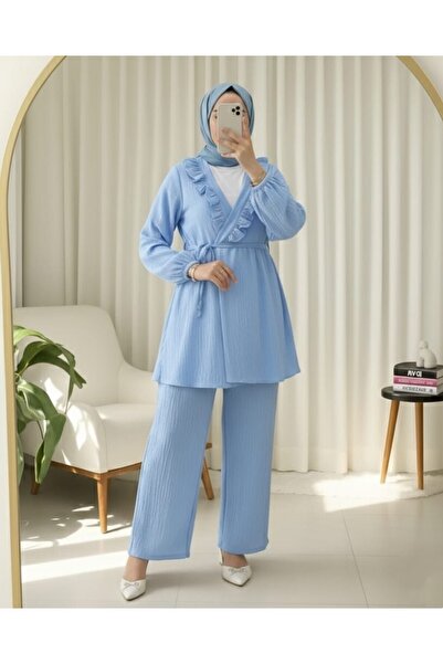 Modamorfo Lace-Up Crinkle Kimono Set with Elastic Sleeves and Ruffles on the Front - Blue