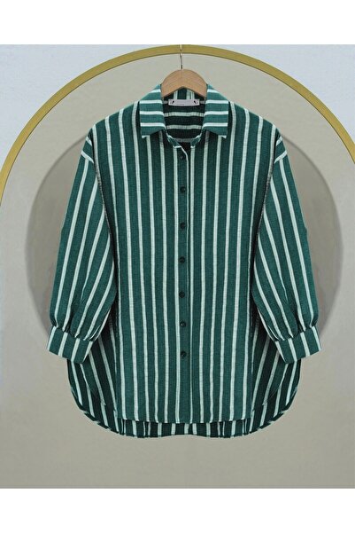 Modamorfo Emerald Colored Button-Down Long Striped Shirt