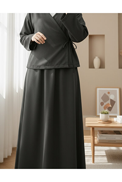 Modamorfo Linen Suit with Lace-Up Front Skirt - Anthracite