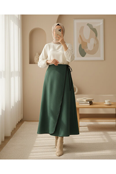 Modamorfo Elastic Waist Thin Piping Cashmere Skirt - Emerald