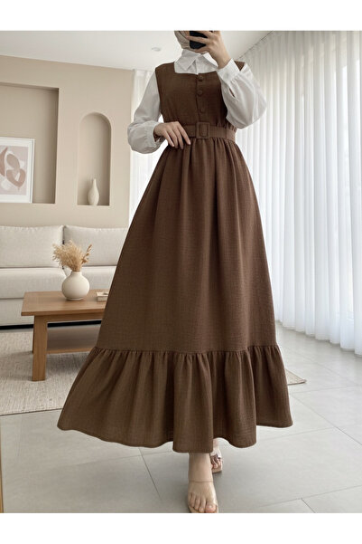 Modamorfo Φόρεμα Gilet με κουμπιά με βολάν κάτω από τη μέση με ζώνη-καφέ