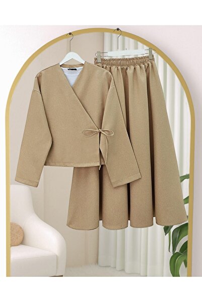 Modamorfo Wool Effect Winter Suit with Lace-Up Front Skirt - Mink