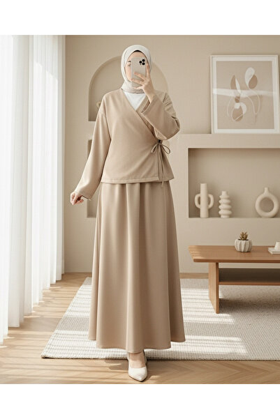 Modamorfo Wool Effect Winter Suit with Lace-Up Front Skirt - Mink