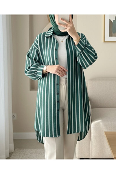 Modamorfo Emerald Colored Button-Down Long Striped Shirt