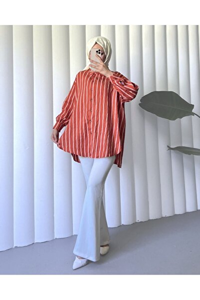 Modamorfo Brick Color Buttoned Long Striped Shirt