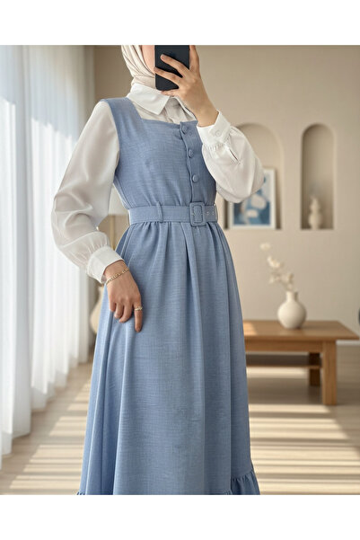 Modamorfo Φόρεμα Gilet με κουμπιά στο επάνω μέρος, βολάν στο κάτω μέρος και ζώνη στη μέση - Baby Blue