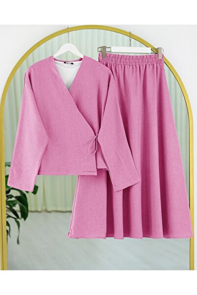 Modamorfo Linen Suit with Side Tie Skirt - Pink