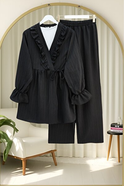 Modamorfo Elastic Sleeve, Ruffled Front, Lace-Up Crinkle Kimono Set - Black