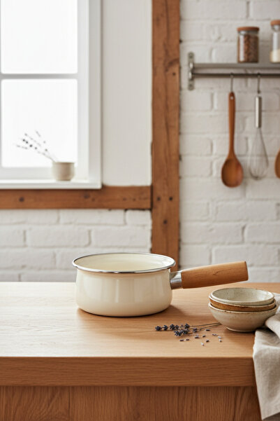 SAVAŞAN Enameled Saucepan with Wooden Handle, Milk Pot