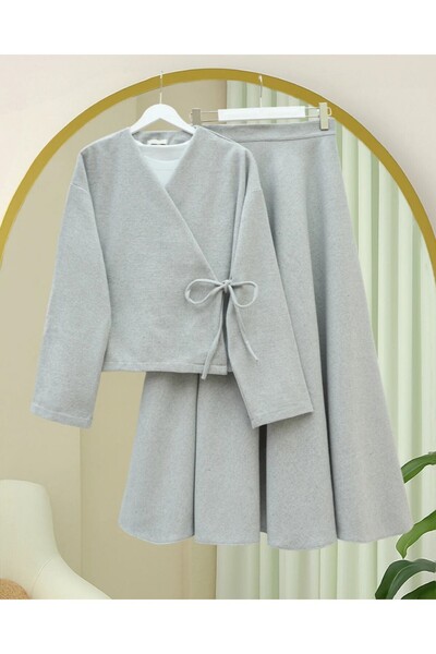 Modamorfo Cashmere Kimono Set with Tie-Front Skirt - Gray