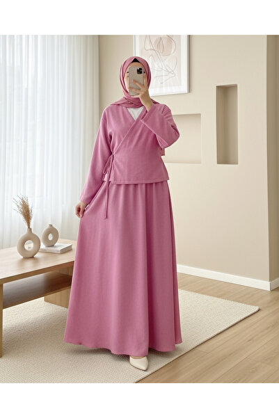 Modamorfo Linen Suit with Side Tie Skirt - Pink