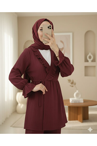 Modamorfo Lace-Up Crinkle Kimono Suit with Elastic Sleeves and Ruffles on the Front - Burgundy