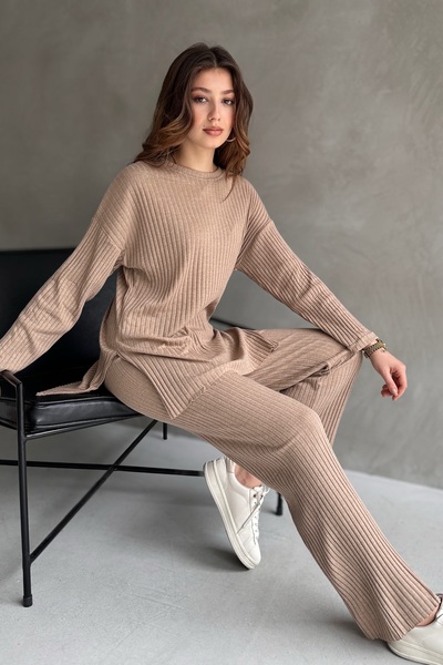 EYYE Kő színű pamut bordázott női blúz nadrág kétrészes szett