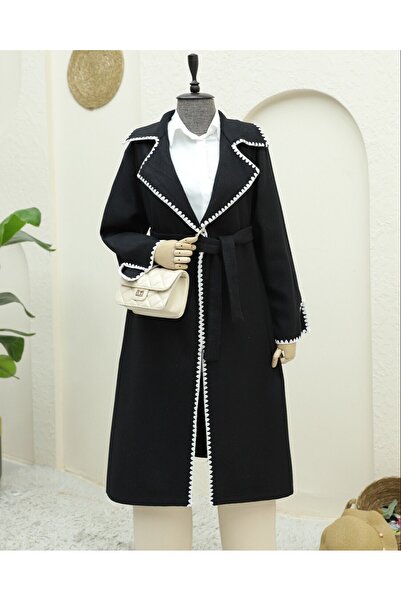 Modamorfo Shepherd's Stitch Waist-Tied Cashmere Coat - Black
