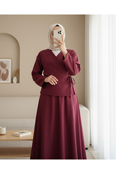 Modamorfo Costum din in cu fustă cu cravată laterală - Roșu Claret