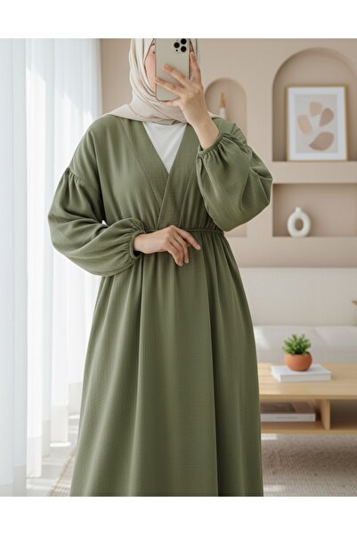 Modamorfo Muslin Dress with Tie Collar, Sleeves and Elastic Waist - Khaki