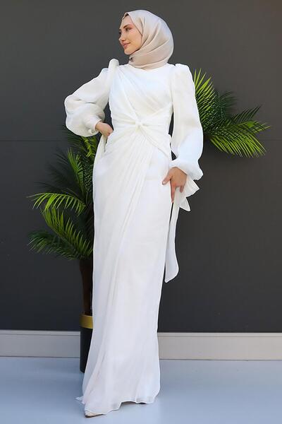 GİZ AGİYİM Βραδινό φόρεμα από μεταξωτό λευκό ορχιδέα