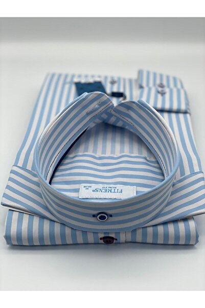 Fitmens Slim Fit Long Sleeve Lycra Striped Collar Buttoned Gift Boxed Men's Shirt Fs-003669 - Light Blue