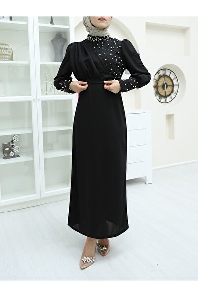 Modamorfo Dvouřadé krepové šaty s perleťovým detailem - černé