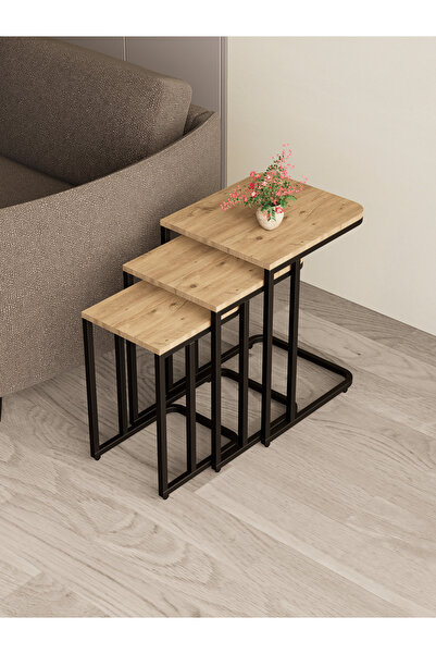 Dekoport Koltuk Altı Sehpası Tekerli Zigon 3 lü Zigon Sehpa Siyah Metal - Çam...